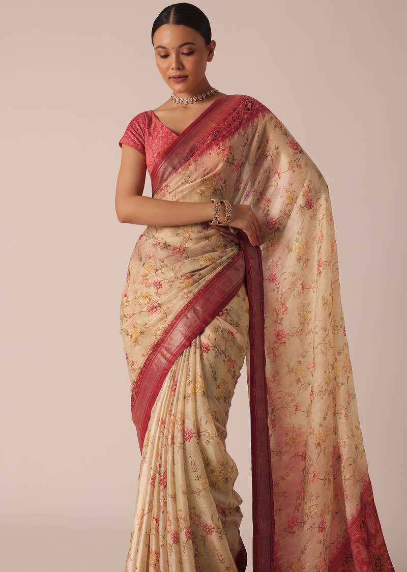 Beige Silk Saree With Digital Kalamkari And Unstitched Blouse Piece