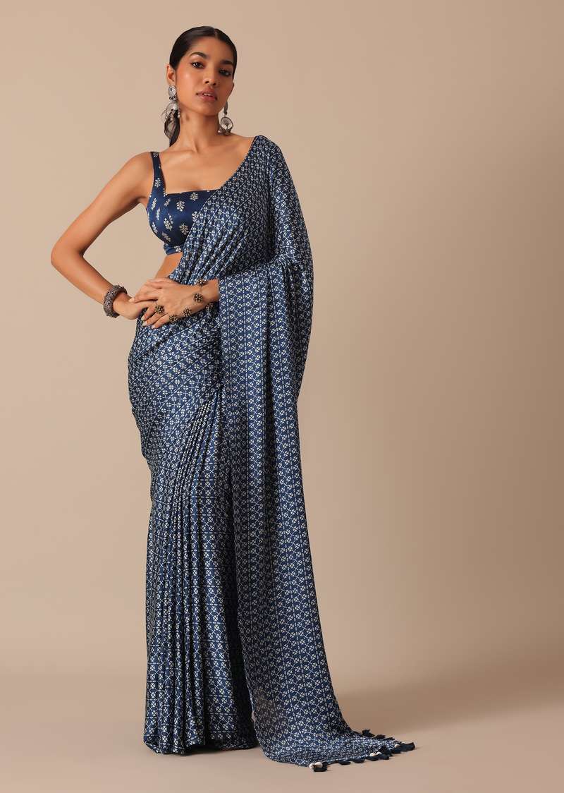 Blue Printed Saree In Satin With Tassel Pallu And Unstitched Blouse Piece