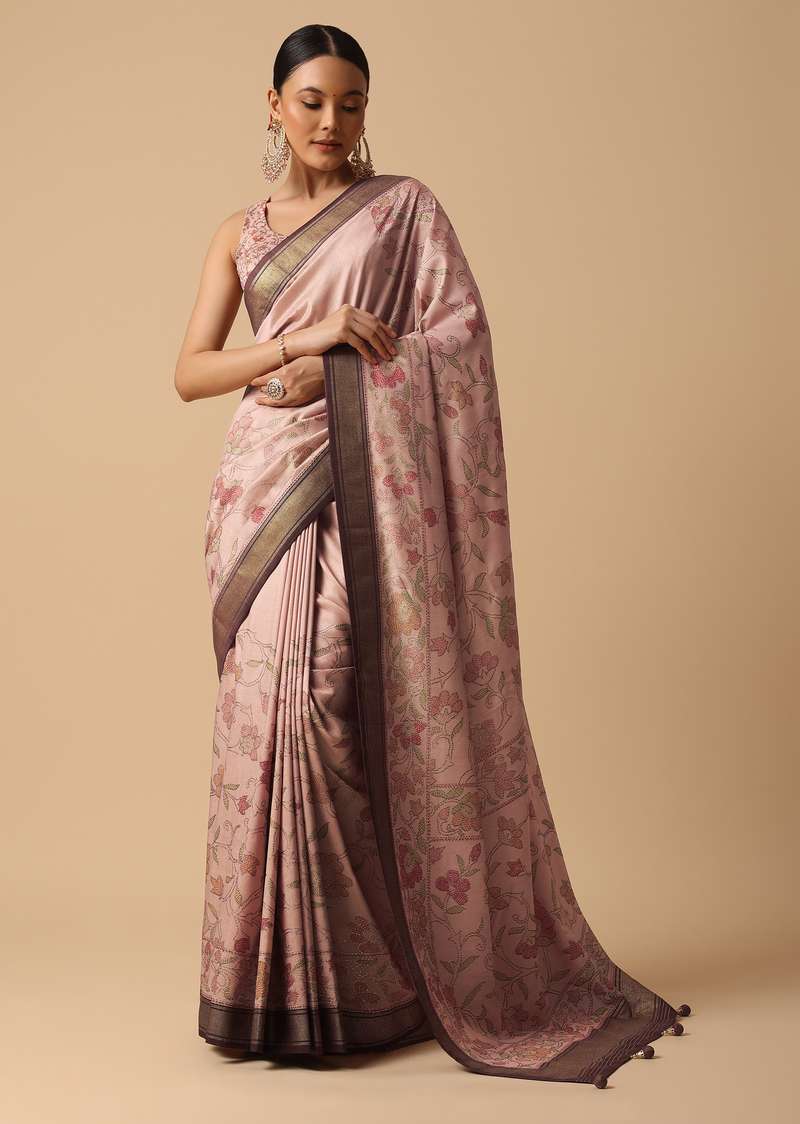 Brown Silk Kalamkari Saree With Digital Print Contrast Pallu And Unstitched Blouse
