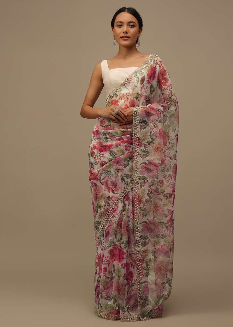 Ivory White Embroidered Organza Saree With Floral Print And Scallop Borders
