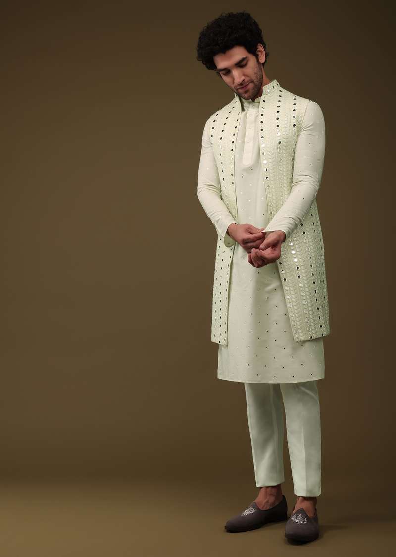 Lime Yellow Festive Textured Jacket Kurta Set With Mirror Embroidery In Silk