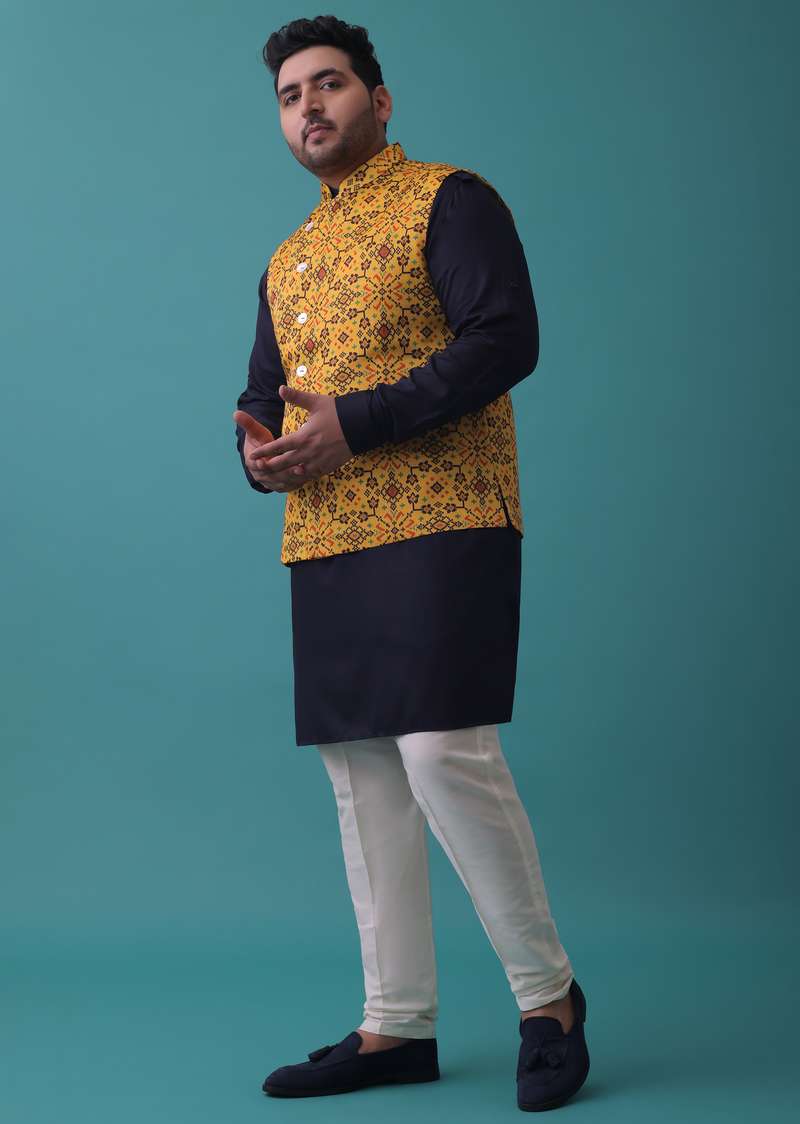 Mustard Yellow Nehru Jacket And Navy Blue Kurta Set With Patola Printed Jaal