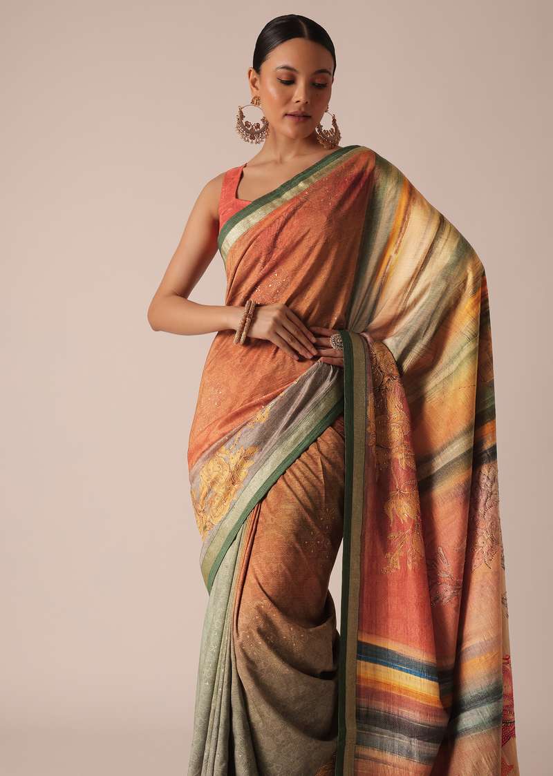 Orange Silk Shaded Kalamkari Saree With Contrast Border And Unstitched Blouse Piece