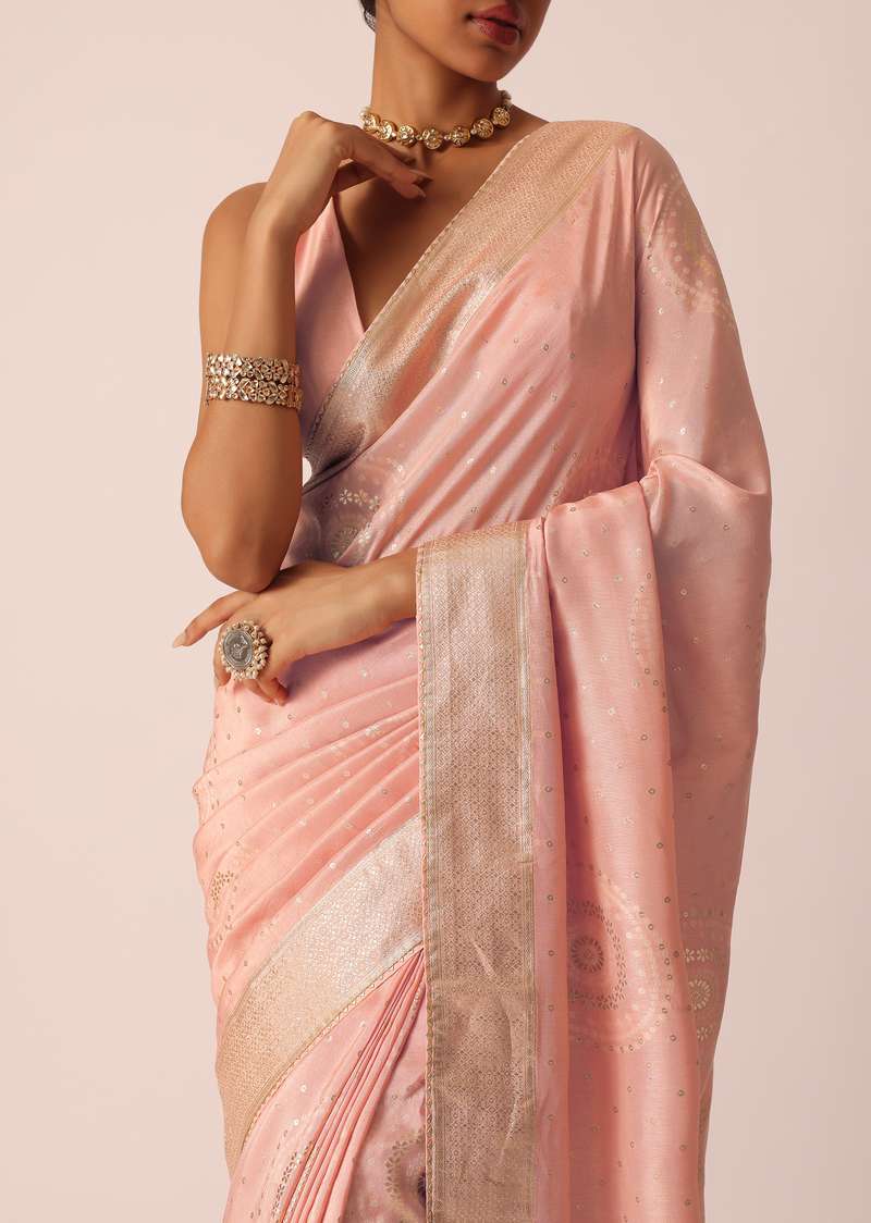 Peach Banarasi Saree With Bandhani Weave And Unstitched Blouse Piece