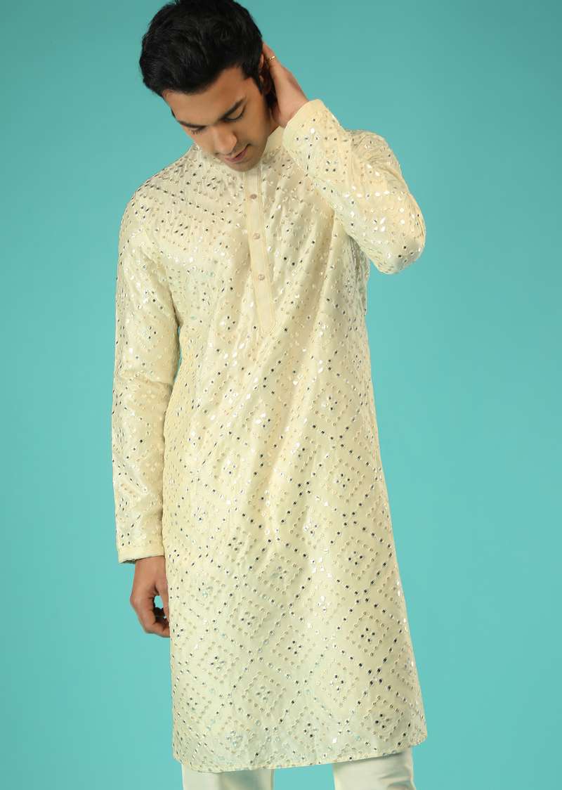 Powder Yellow Kurta Set In Raw Silk With Mirror Abla And Sequins Embroidered Geometric Jaal
