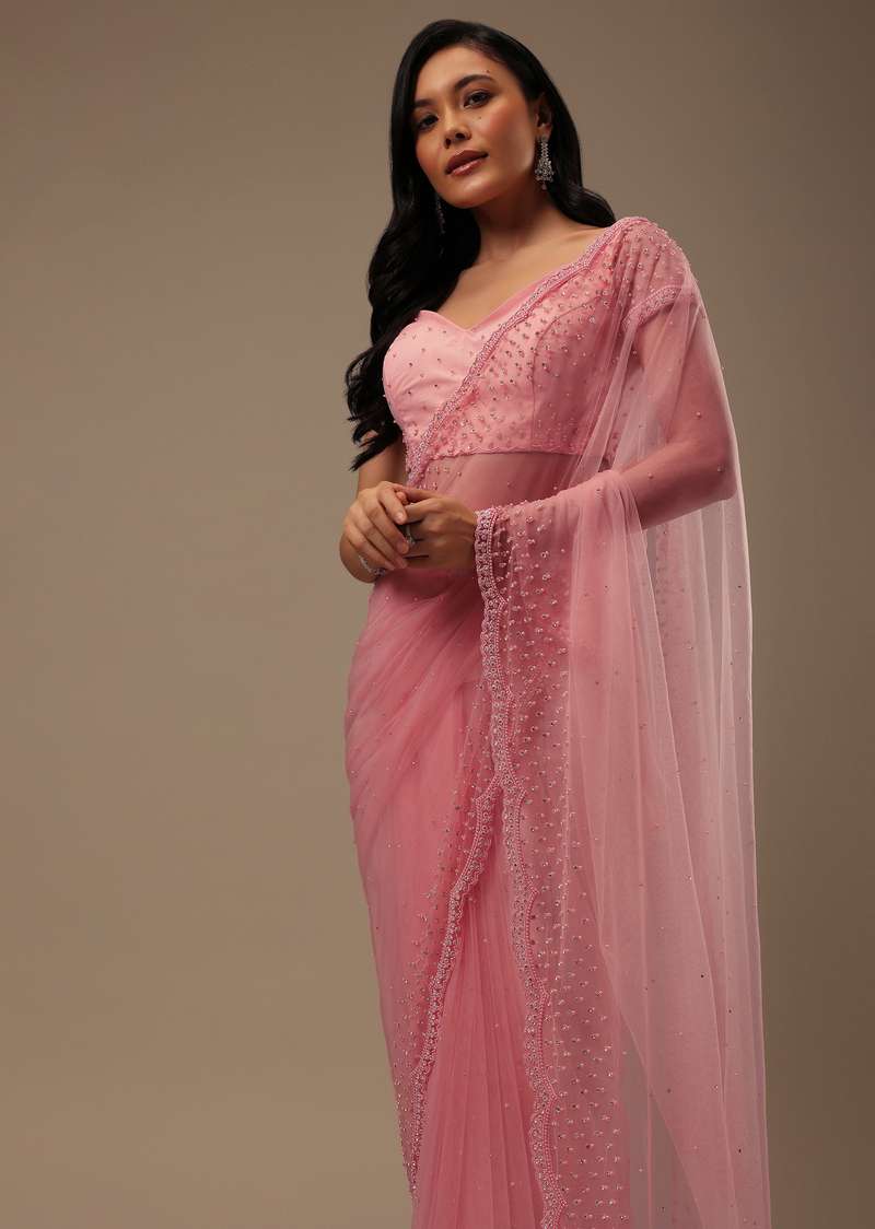 Peach Pink Stone And Beads Embellished Net Saree