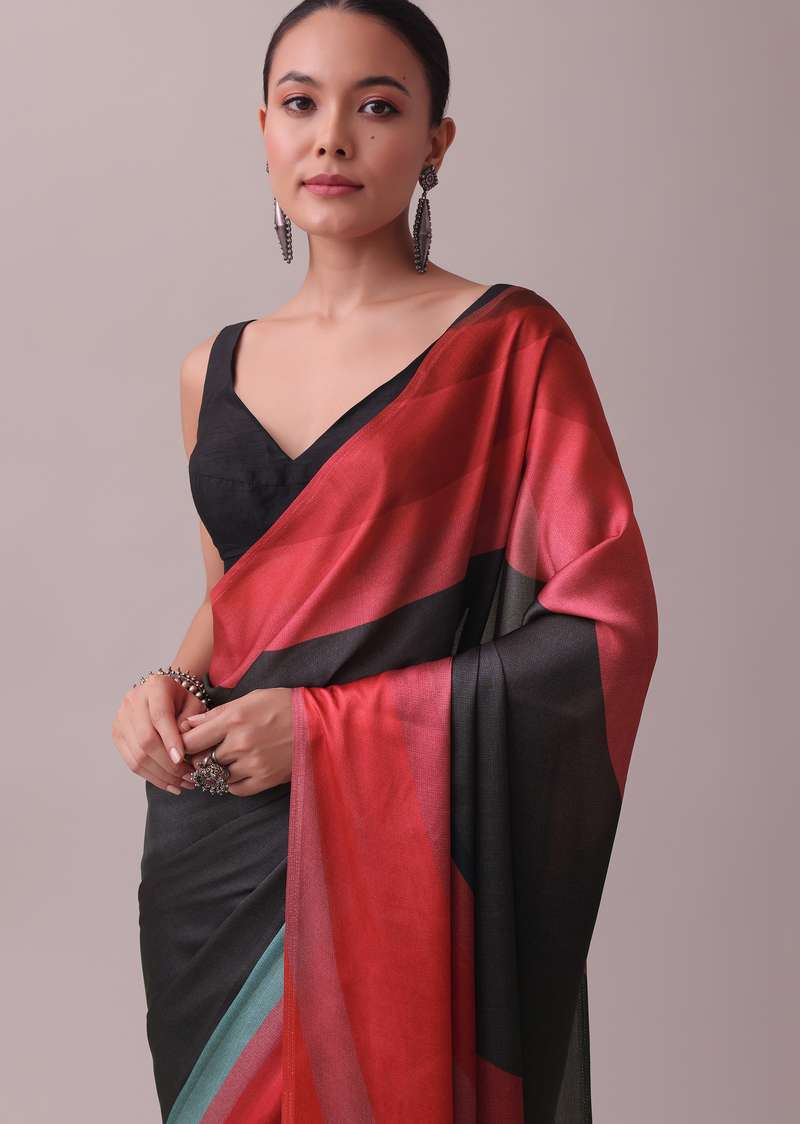 Rose Red Saree In Satin With Abstract Print All Over