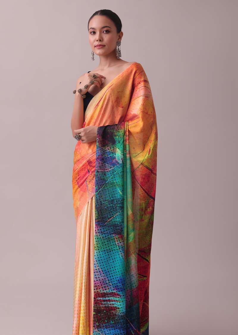 Multicolor Saree Fabricated In Satin With Abstract Print