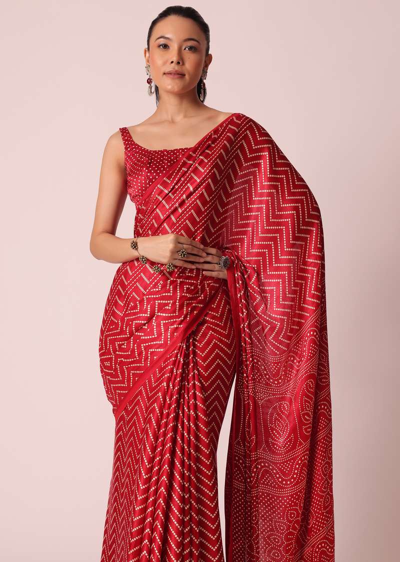 Red Satin Bandhani Print Saree With Unstitched Blouse Piece
