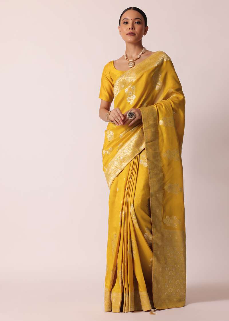 Mustard Yellow Banarasi Silk Saree With Zari Floral Motifs And Unstitched Blouse Piece