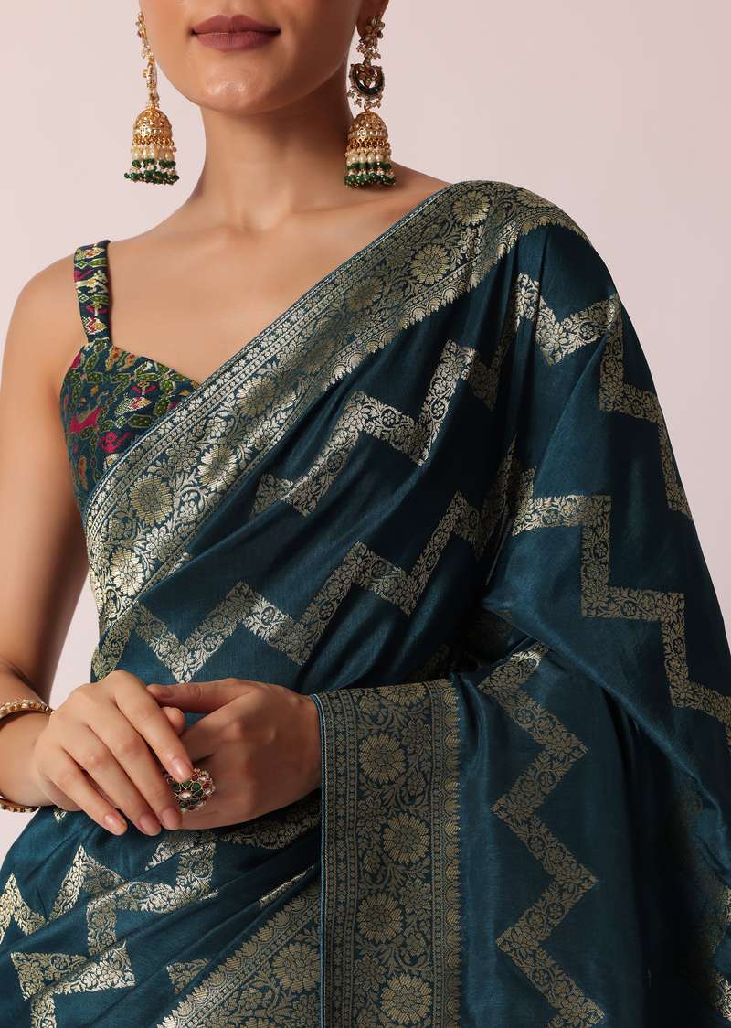  Blue Banarasi Silk Saree With Meenakari Work And Unstitched Blouse Piece