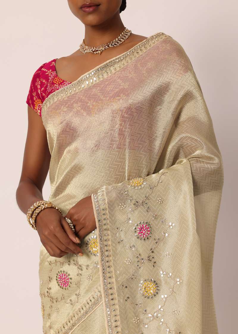 Beige Kora Silk Tissue Saree With Gota Patti Buttis And Unstitched Blouse Piece