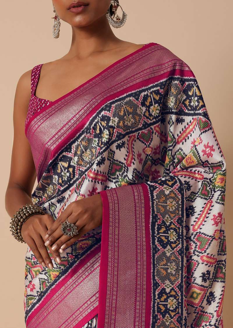 Pink Printed Dola Silk Saree With Foil Work Pallu And Unstitched Blouse Piece