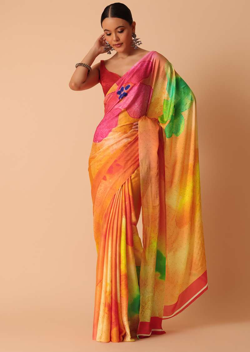 Multicolor Abstract Print Satin Saree With Unstitched Blouse Piece