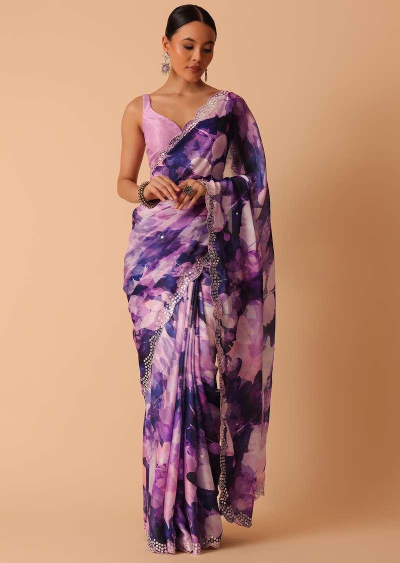 Purple Printed Muslin Saree With Scallop Detail And Unstitched Blouse Piece