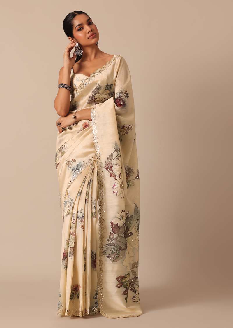 White Tussar Silk Saree With Mirror Scallop Border And Unstitched Blouse Piece