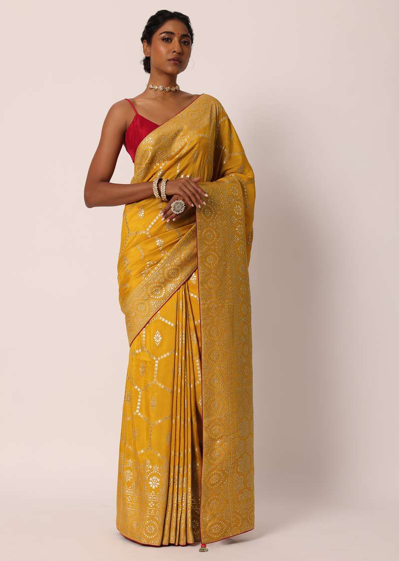 Yellow Banarasi Silk Saree With Hexagon Jaal Weave And Unstitched Blouse Piece